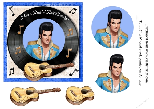 Cartoon Elvis themed birthday card topper for 6 x 6 card