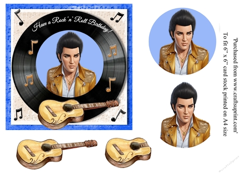 Cartoon Elvis themed birthday card topper for 6 x 6 card