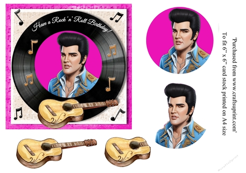 Cartoon Elvis themed birthday card topper for 6 x 6 card
