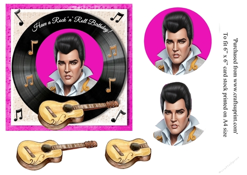 Cartoon Elvis themed birthday card topper for 6 x 6 card