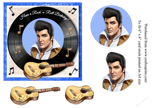 Cartoon Elvis themed birthday card topper for 6 x 6 card
