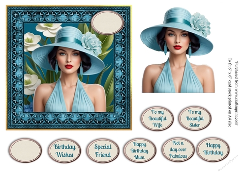 Glamorous Lady in hat with floral background topper for 6x6 card