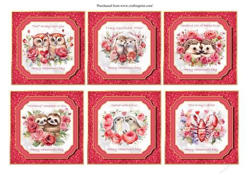 Set of 6 Cute Watercolour Animal Valentines Day cards for 6x6 cards