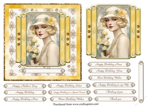 Postcard style Art Deco lady with yellow flowers topper for 6x6 card 