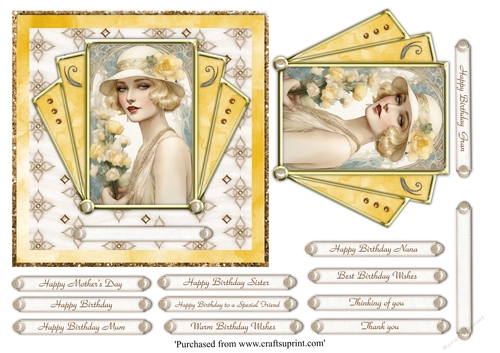 Postcard style Art Deco lady with yellow flowers topper for 6x6 card 