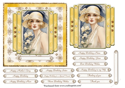 Postcard style Art Deco lady with yellow flowers topper for 6x6 card 