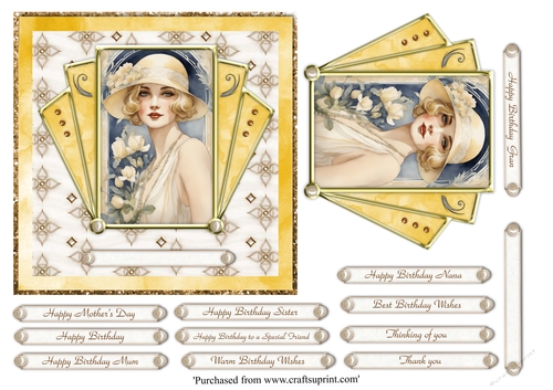 Postcard style Art Deco lady with yellow flowers topper for 6x6 card 