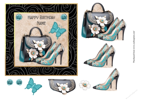 Turquoise and black Floral Handbag and matching shoes 6x6 birthday card topper