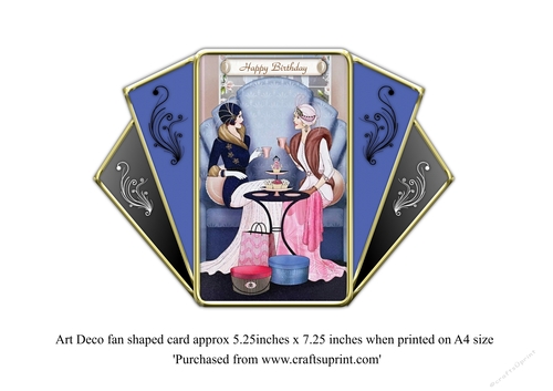 Art Deco Fan shaped card with ladies enjoying afternoon tea birthday card