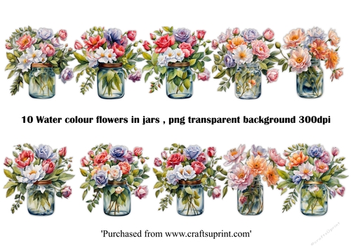 10 Water colour flowers in glass jars with transparent background for card making