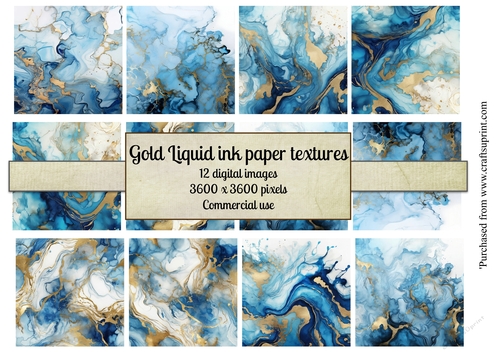 12 Liquid gold and blue Ink paper textures with marbled ink texture backgrounds 