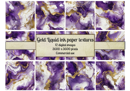 12 Liquid gold and purple Ink paper textures with marbled ink texture backgrounds