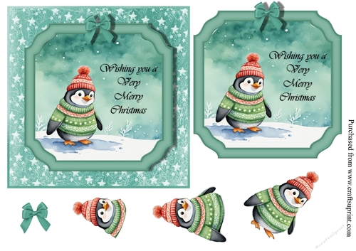 Cute Penguin in woolly jumper and hat Christmas topper for 6x6 card 