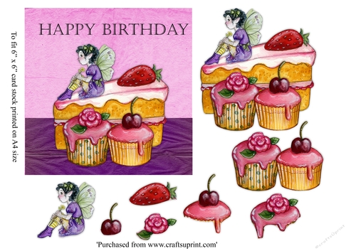 Colourful fairy and cakes birthday 6 x 6 design topper printed on A4 size card