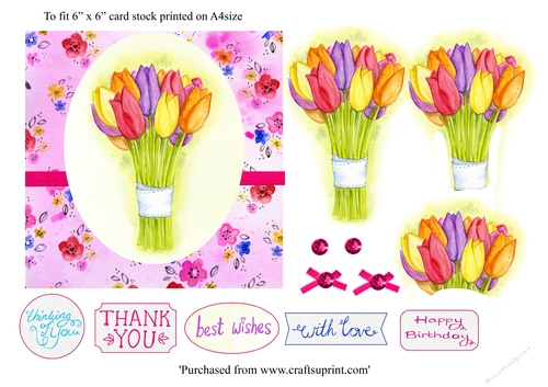 Tulips birthday/greetings card 6 x 6 topper card