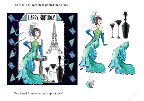 Art deco female birthday card with cocktails and Eiffel Tower 6 x 6 card topper