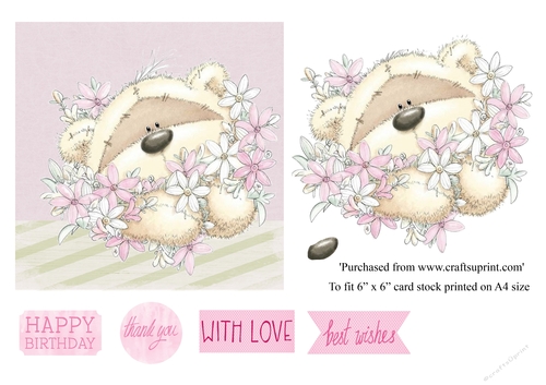 Cute teddy with bunch of flowers card 6 x 6 card topper