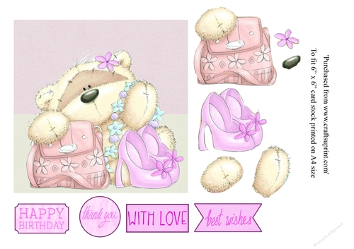 Cute teddy bear with handbag and shoes for various occasions 6 x 6 topper