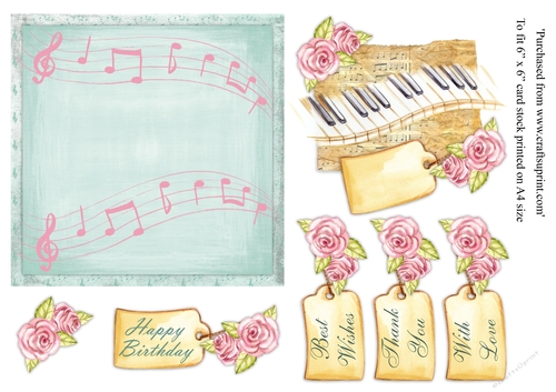 Music keyboard  6 x 6 card topper with roses and various greeting tags