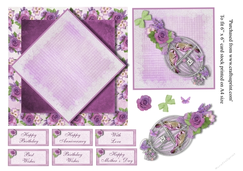 Vintage Lilac Roses with love birds in cage card topper with various greeting for 6 x 6 card