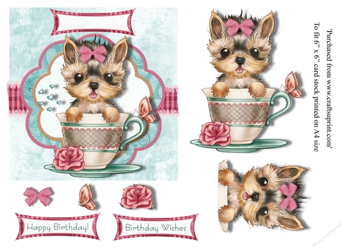 Cute Yorkshire terrier in teacup with various & birthday greetings mini kit for 6 x 6 card