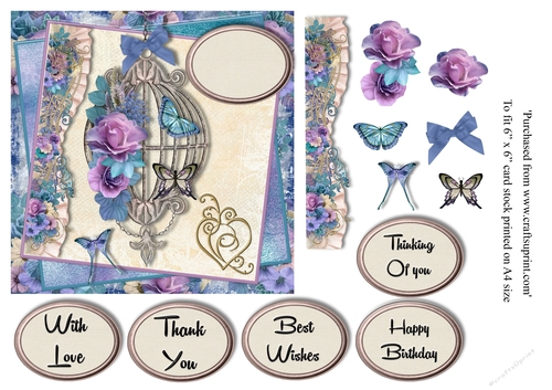 Vintage Butterflies and flowers with cage card topper with various greeting for 6 x 6 card