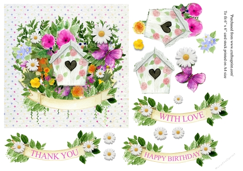 Birdhouse and floral birthday/thank you /with love ,6 x6 card topper