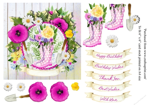 Wellies and floral birthday/thank you /best wishes 6 x 6 card topper