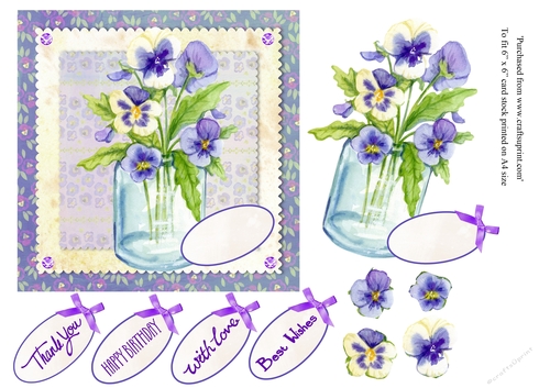  Pretty Pansies in vase with various greetings card topper for 6 x 6 cards