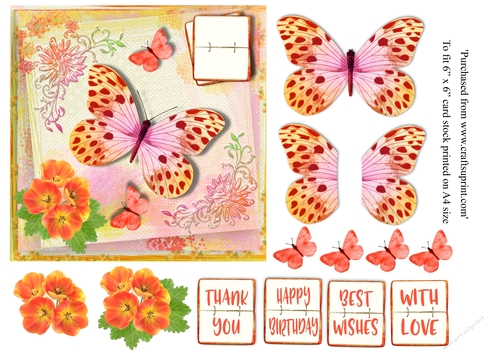 Birthday butterflies,in bright colours 6 x 6 card topper with decoupage