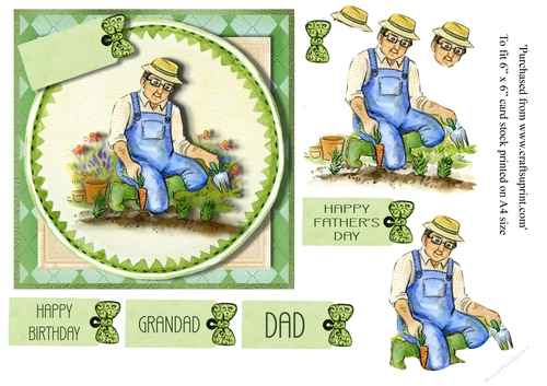 Garden themed Grandad, Dad birthday , Fathers Day card topper for 6 x 6 cardstock