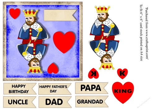 King of hearts male birthday/Fathers Day card topper for 6 x 6 cardstock