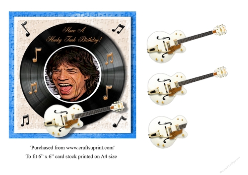 Mick Jagger themed birthday card topper with greeting Have a Honky Tonk Birthday! for 6 x 6 card