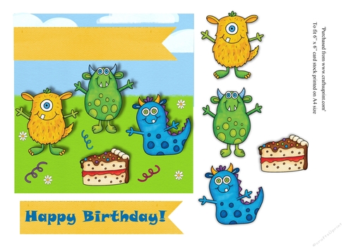 Childrens monster birthday card topper for 6 x 6 card