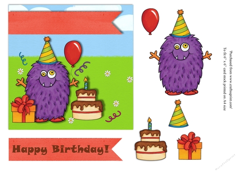 Childrens purple monster birthday card topper for 6 x 6 card