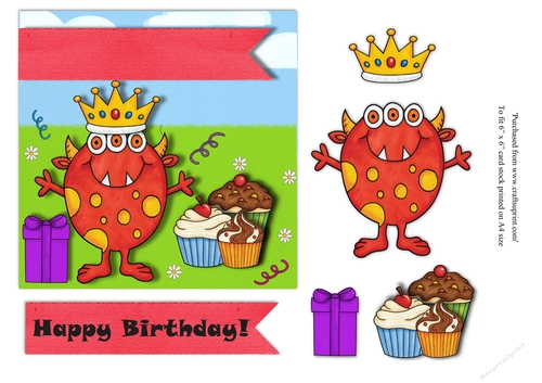 Childrens Orange monster birthday card topper for 6 x 6 card