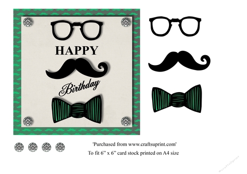 Male birthday card with glasses, moustache and bowtie topper for 6 x 6 card