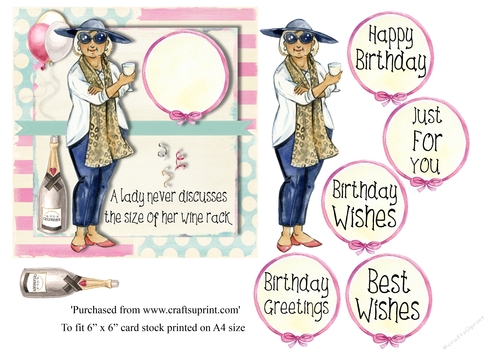 Funny female birthday card topper with various greetings for 6 x 6 card stock
