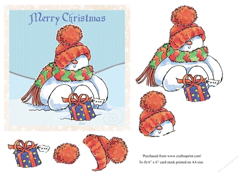 Christmas Snowman with gift 6 x 6 card topper
