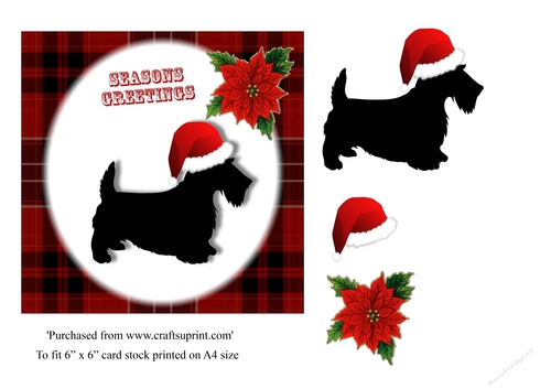 Scotty Dog with Santa hat on red tartan background Christmas card topper 6 x 6