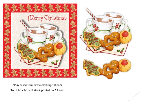 Christmas Hot chocolate with seasonal cookies on gingerbread men background topper 6 x 6