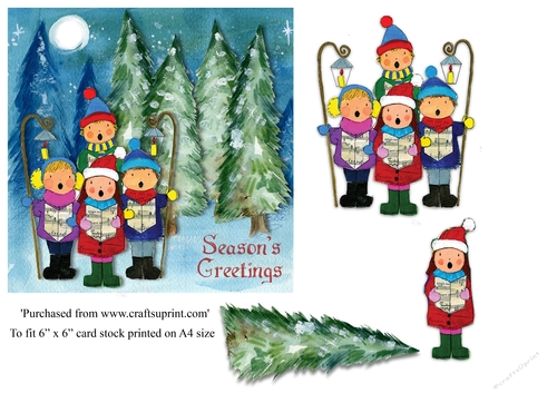 Christmas carol singers in woodland topper 6 x 6