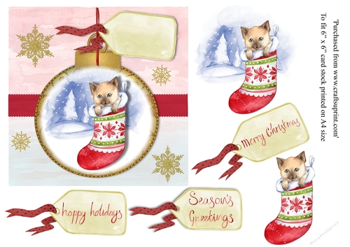 Cat in Christmas stocking card topper for 6 x 6 card
