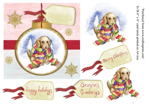 Dog in scarves christmas card topper for 6 x 6 card