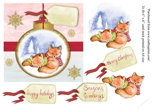 Foxes in scarves christmas card topper for 6 x 6 card