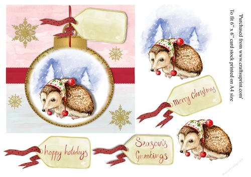 Hedgehog in hat christmas card topper for 6 x 6 card