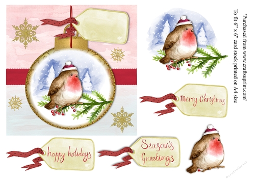 Robin with bobble hat on a branch christmas card topper for 6 x 6 card