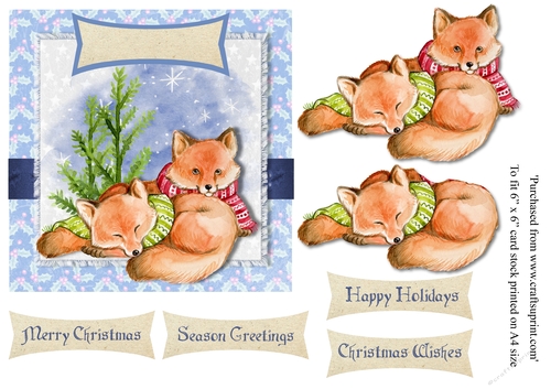 Foxes in scarves christmas card topper for 6 x 6 card