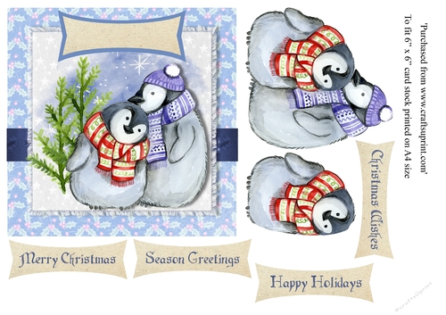 Penguins in hats and scarves christmas card topper for 6 x 6 card