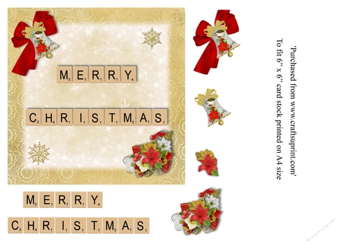 Merry Christmas card with scrabble tiles with gold and red elements for 6 x 6 topper